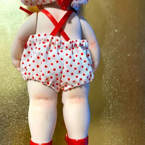 VINTAGE PORCELAIN DOLL WITH MOVEABLE ARMS WEARING WHITE w/RED POLKADOT OUTFIT 6” - Picture 8 of 12